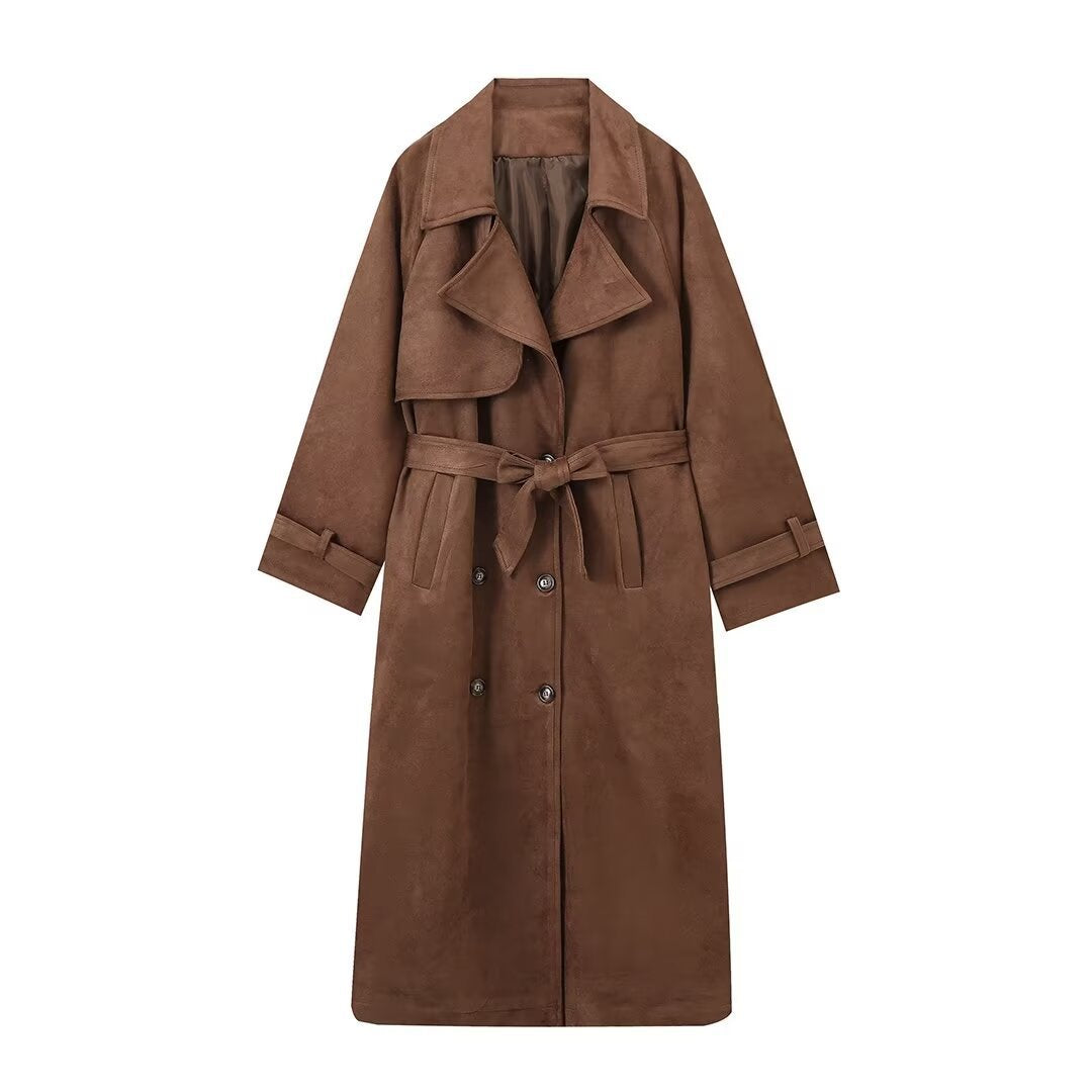 Women's Suede Trench Coat - Buttoned Double Breasted Belted Faux Suede Coat