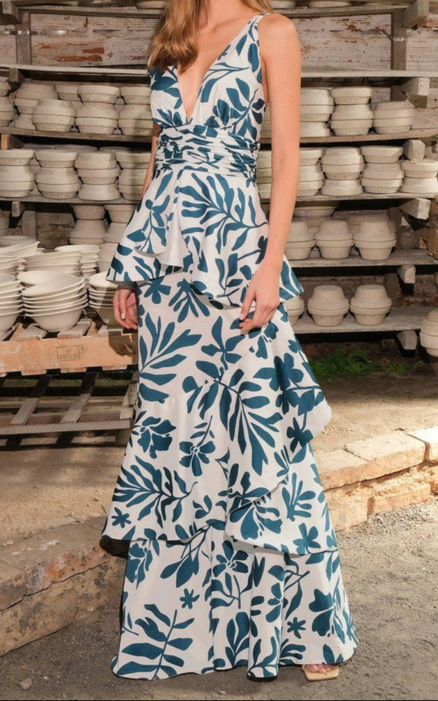 Delphine - Robe longue dos nu à imprimé botanique