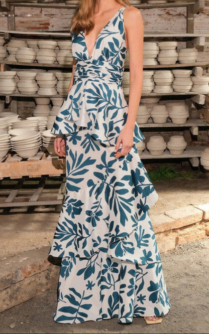 Delphine - Robe longue dos nu à imprimé botanique