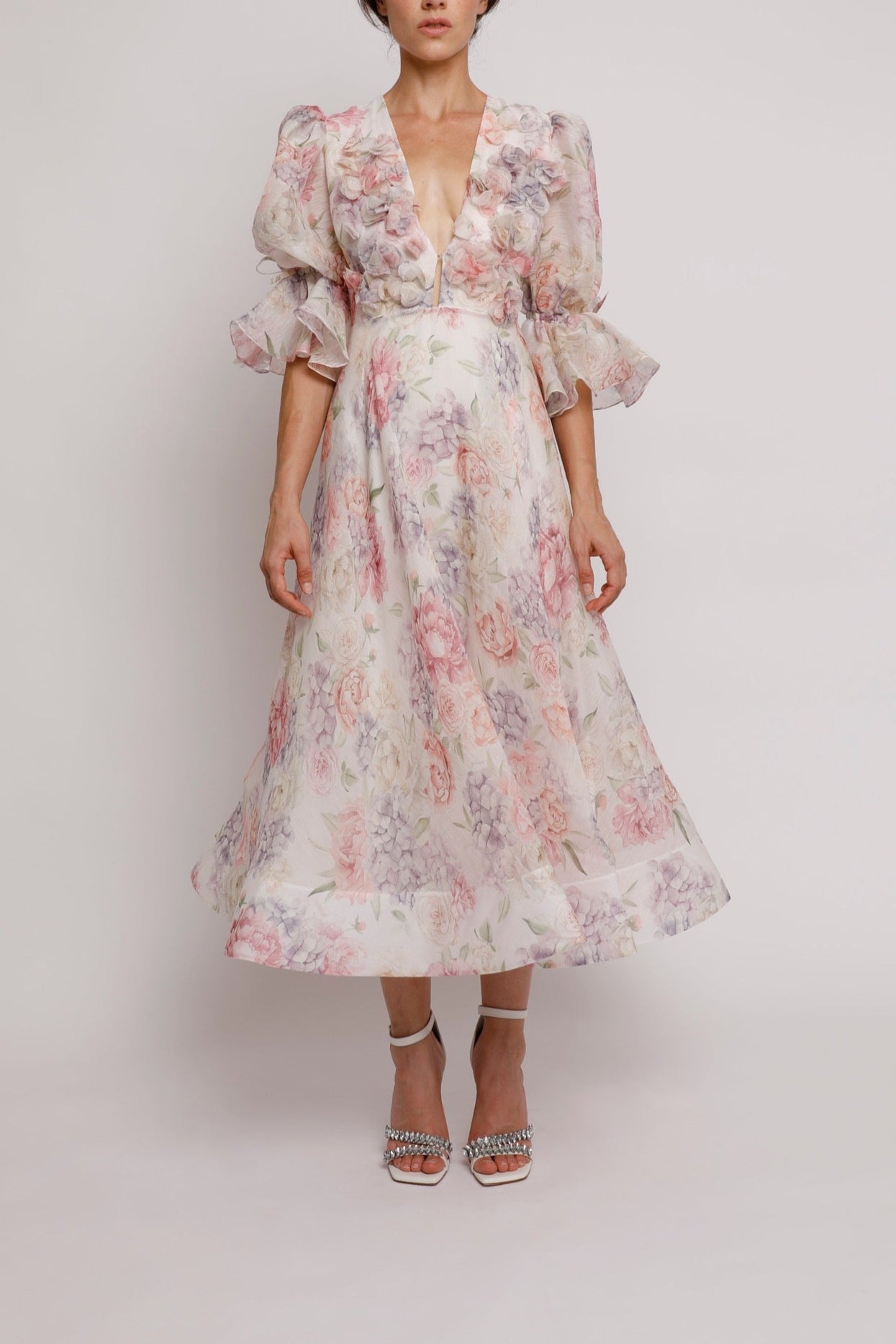 Macie Floral Puff Sleeve Chiffon Midi Dress