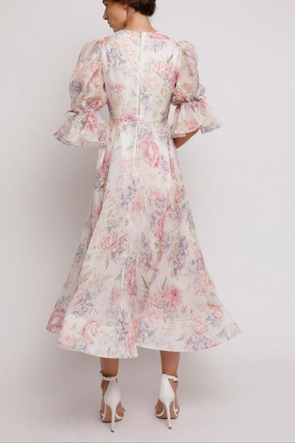 Macie Floral Puff Sleeve Chiffon Midi Dress