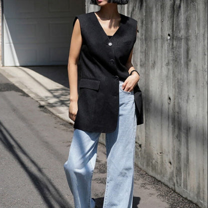 Rei Button-Front Long Linen Vest