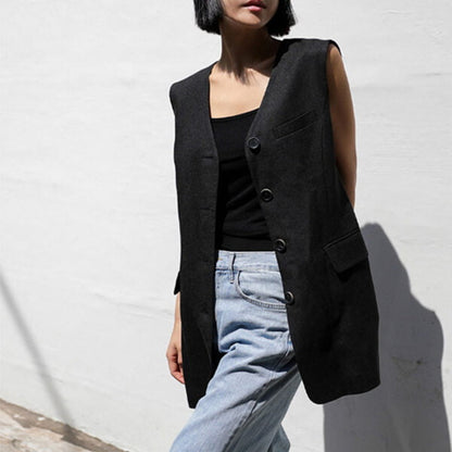 Rei Button-Front Long Linen Vest