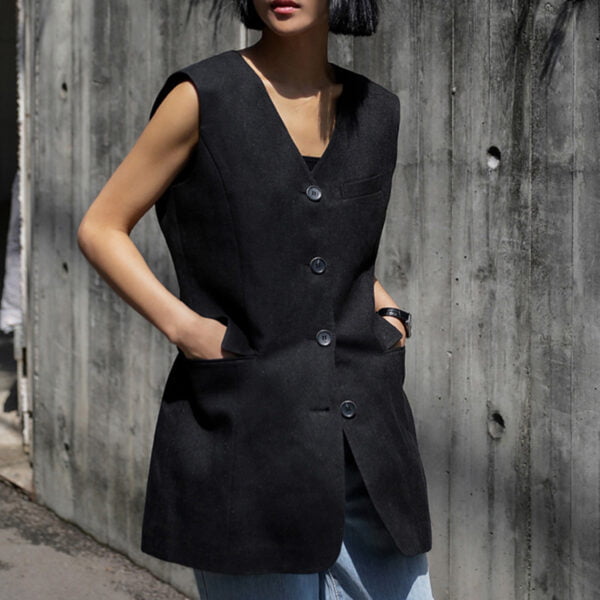 Rei Button-Front Long Linen Vest
