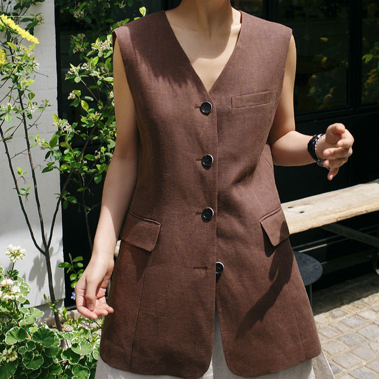 Rei Button-Front Long Linen Vest