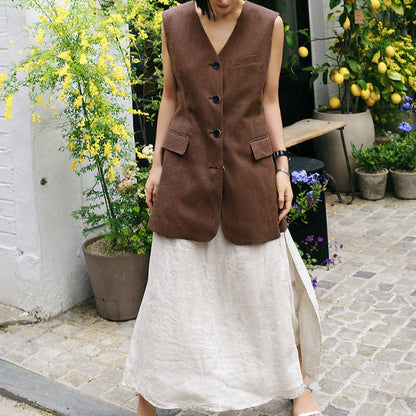 Rei Button-Front Long Linen Vest