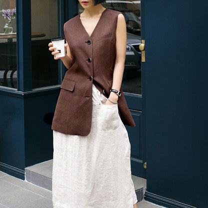 Rei Button-Front Long Linen Vest