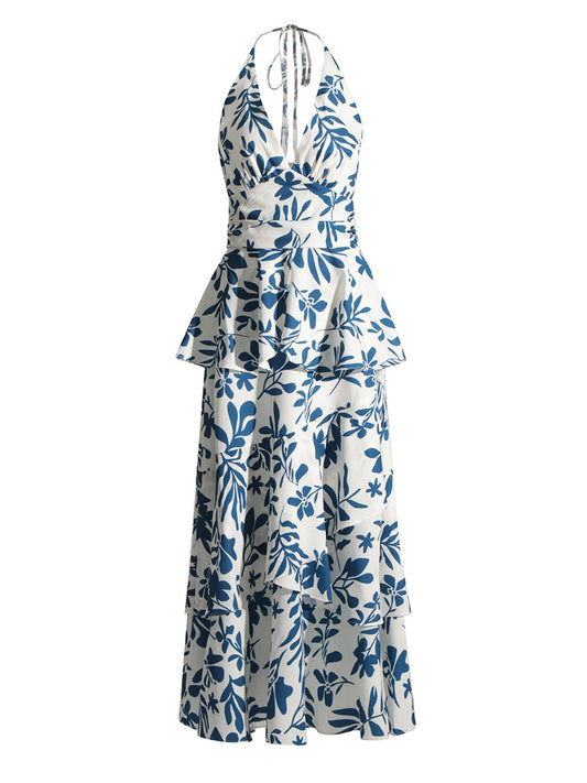 Delphine - Robe longue dos nu à imprimé botanique