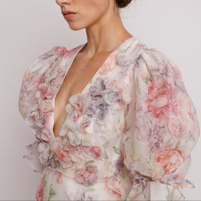 Macie Floral Puff Sleeve Chiffon Midi Dress