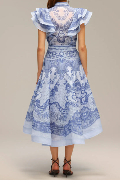 Rosalinde Midi jurk met gerimpelde mouwen